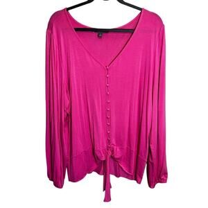 Kate & Mallory Pink Tie Front Blouse Size 1X Long Sleeve V Neck Stretch